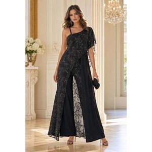 Shelby Nites Jumpsuit Womens 14 Black Beaded One Shoulder Formal Evening Glam